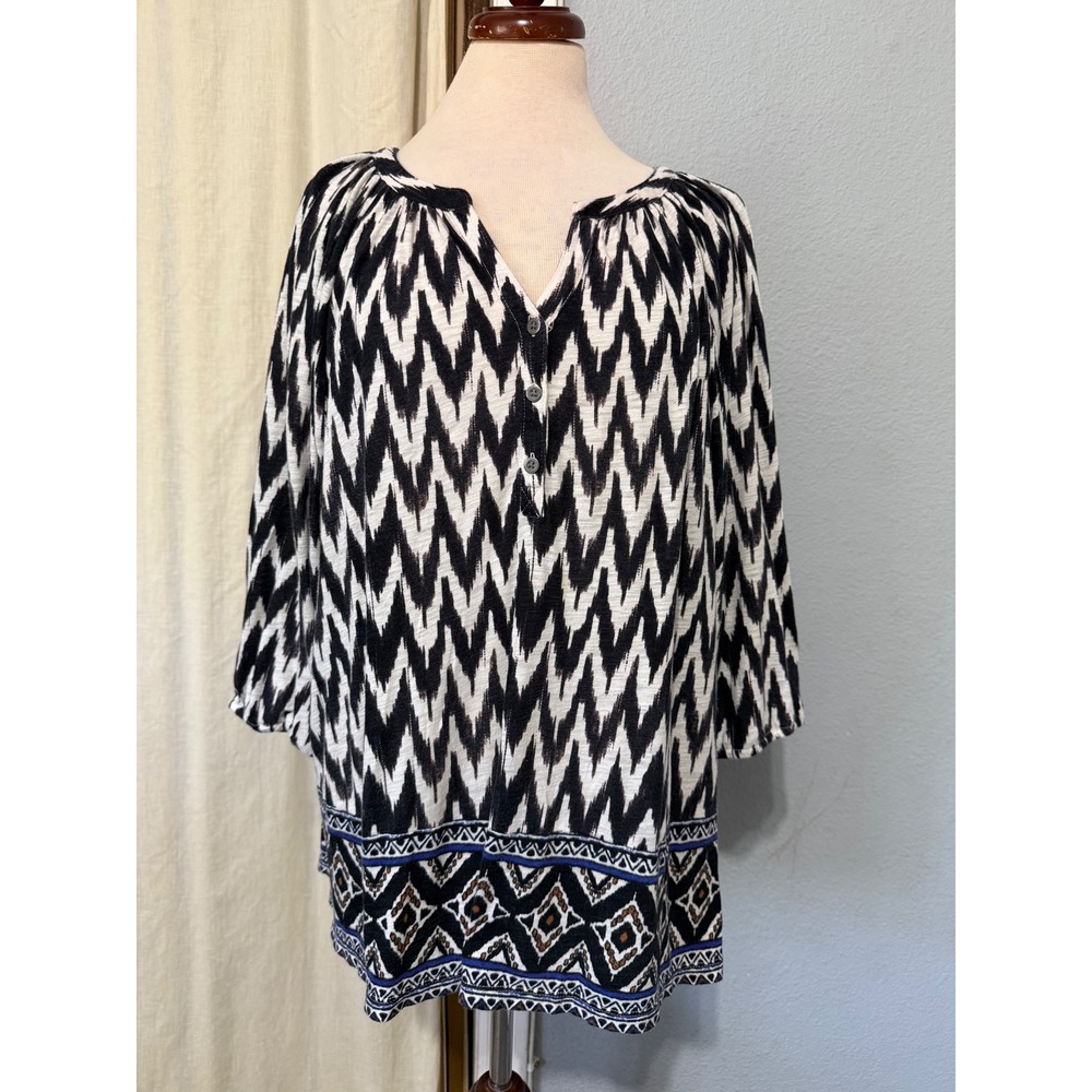 Lucky Brand Women Top 3X Black White Ikat Chevron Henley Tunic 3/4 Sleeve Cotton